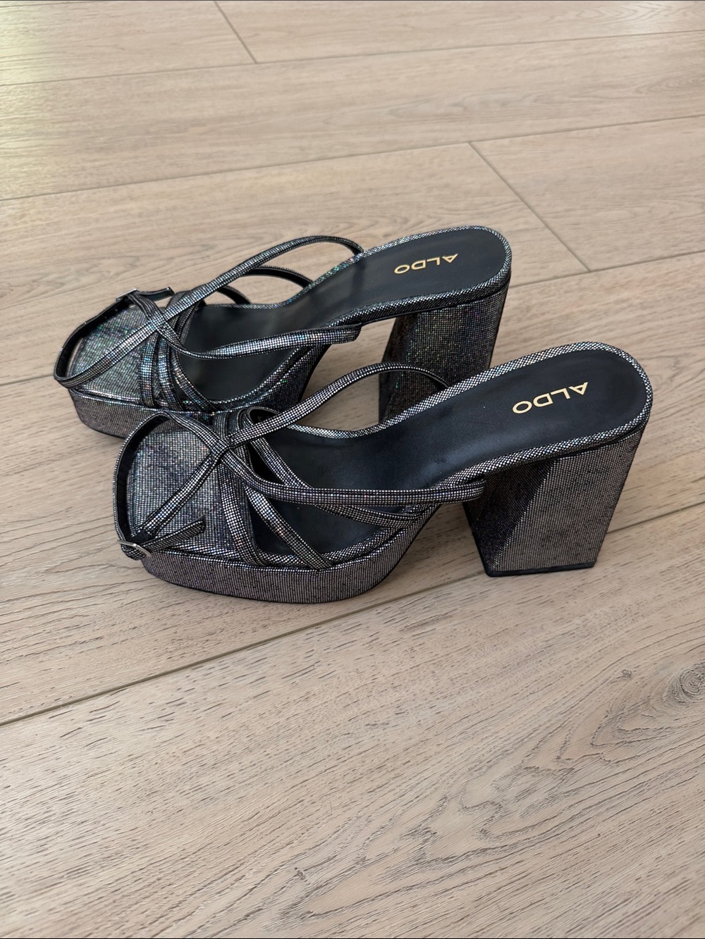 Aldo Gunmetal Metallic Platform Block Heel Sandals